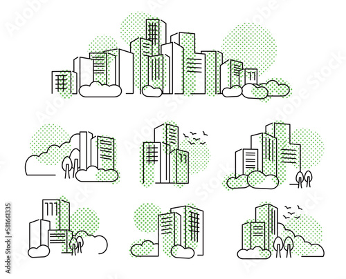フラットな線画イメージドットパターン緑の都市の景観イラスト	