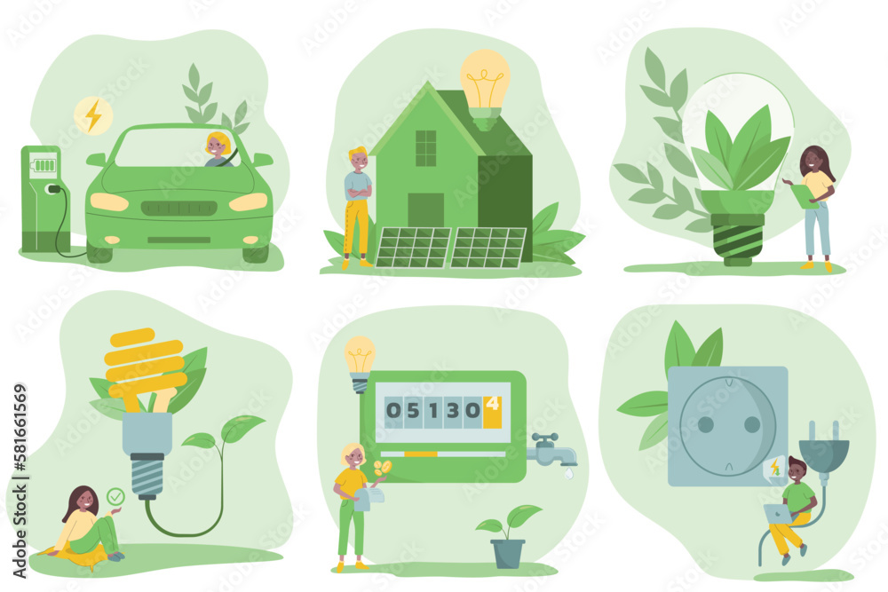Naklejka premium Sustainability illustration set in flat style. Energy saving light bulb, electric vehicle, solar panels, unplugging appliances, home utilities. Green electricity and power save concept.