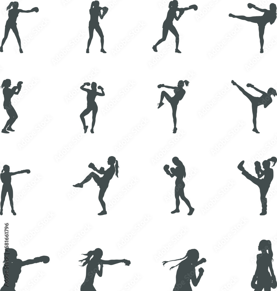 Female boxing silhouettes, Boxing silhouette set, Female boxing silhouette, Boxing SVG