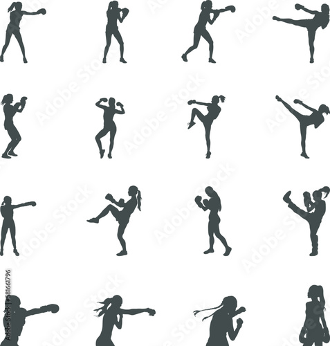 Female boxing silhouettes, Boxing silhouette set, Female boxing silhouette, Boxing SVG