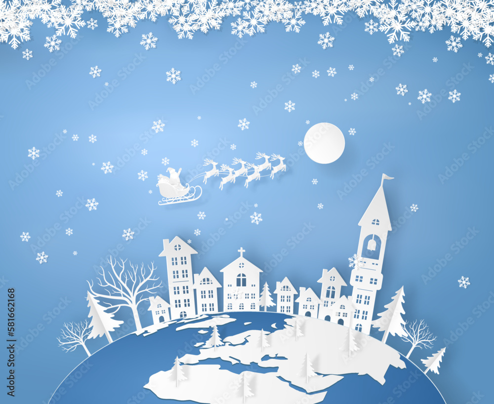 Naklejka premium santa claus fly on the city and earth with snow, ice, trees and home in the winter season. christmas, paper art.
