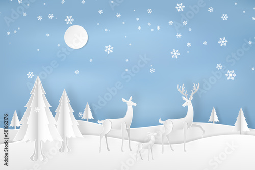 Deers famiry in the forest with snow in the winter season. christmas, new year card and vector paper art circle concept.