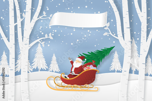 santa claus in the forest with snow in the winter season. christmas, new year card and vector paper art concept.
