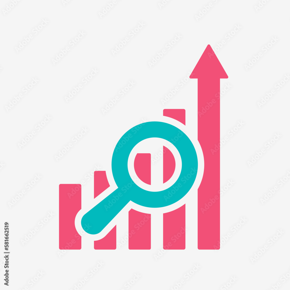 Growing graph with magnifying glass. Chart columns, highest one ends with up arrow. A magnifying glass superimposed on the graph symbolizes data analysis for business growth. SEO optimization concept Growing graph with magnifying glass. Chart columns, highest one ends with up arrow. A magnifying glass superimposed on the graph symbolizes data analysis for business growth. SEO optimization concept