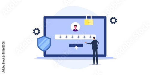 Businessman putting password to access online website information document financial data concept, business cyber security online privacy concept, vector illustration.