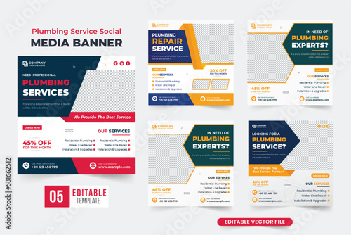 Plumbing business promotional web banner bundle for social media marketing. Plumber and handyman hiring template set vector with yellow and dark colors. Plumbing service social media post collection.
