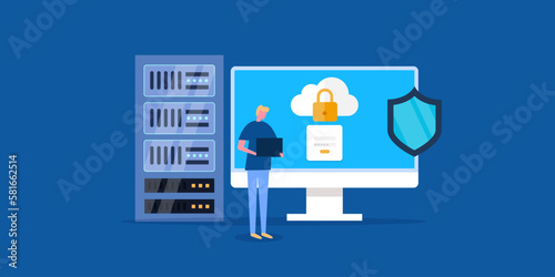 Web hosting service. cyber security manager with laptop scanning network connection, cloud computing technology, data protection concept. Vector illustration web banner.