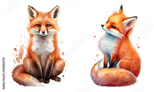 Watercolor Cute Red Fox. Generative AI	