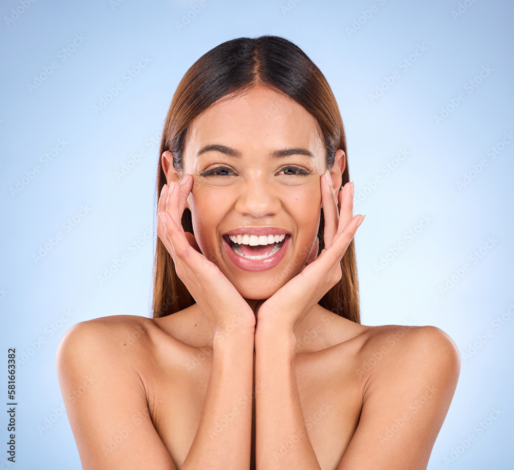 Skincare, beauty and cosmetics, portrait of happy woman with smile for anti aging or skin glow promo on blue background. Makeup, facial massage and face of model with dermatology promotion in studio. Skincare, beauty and cosmetics, portrait of happy woman with smile for anti aging or skin glow promo on blue background. Makeup, facial massage and face of model with dermatology promotion in studio.