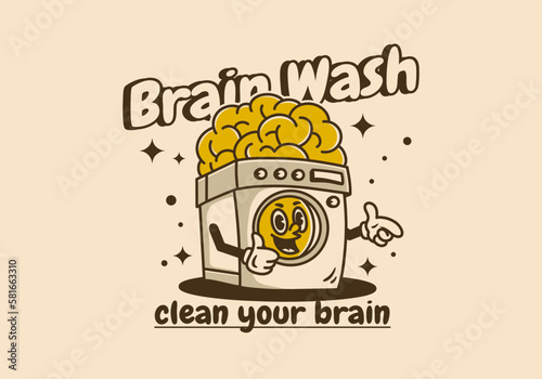 Washing machine with big brain mascot character design in vintage color
