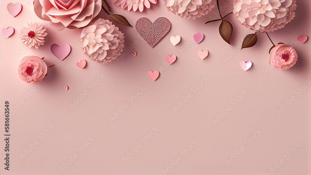 Valentine's Day background. Pink flowers, envelope, hearts on pastel pink background