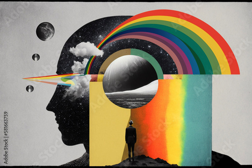 Black and White Space Collage with Rainbow Accents Generative AI photo