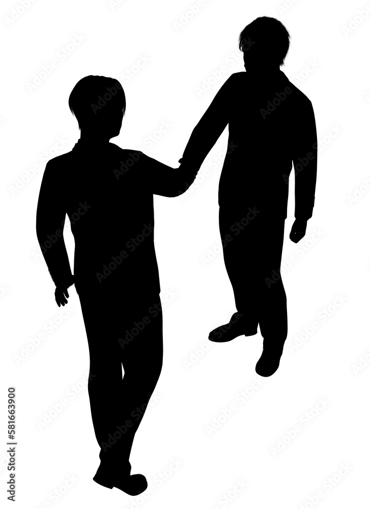 握手するビジネスマン男性2人を下から俯瞰するシルエット 全身正面と後ろ姿のイラスト アイソメトリック