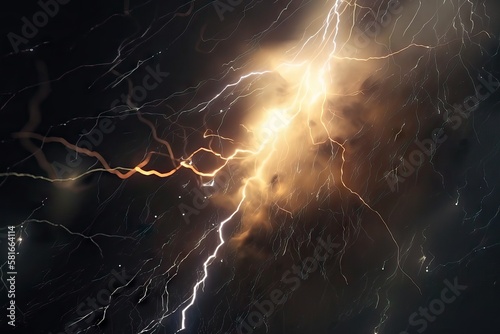 When lightning strikes, the sky ignites with a dazzling display of raw power and electrifying energy, with a blinding ray between the clouds, generative ai