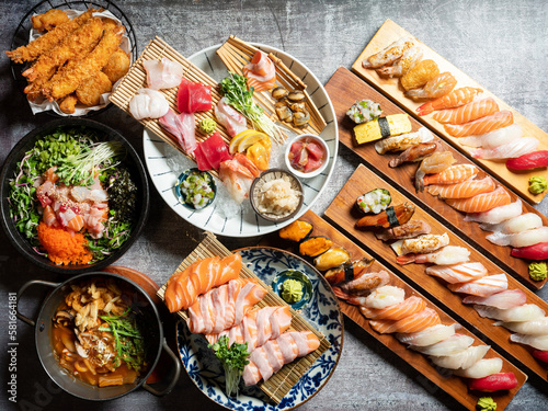 Various sushi, sashimi and Japanese dishes