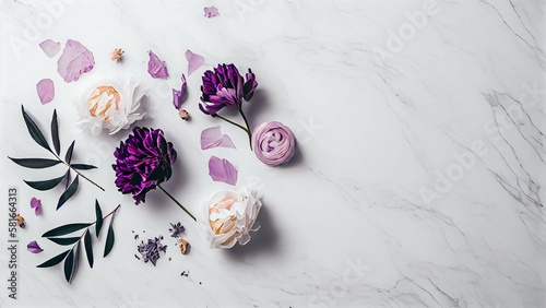 White and Purple Flowers on a Polished Marble Background