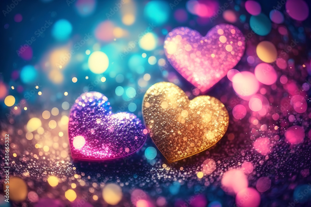 Obraz premium Shiny Pastel Pink Yellow Blue Heart Glitter In Abstract Defocused Background - Heart Bokeh - Space for copy - Christmas And New Year Texture. Generative AI