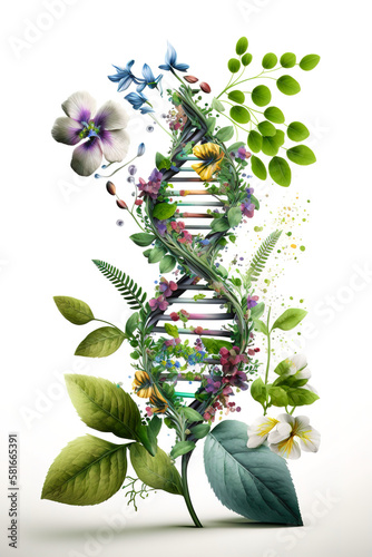 DNA, gene therapy. Biology laboratory nature and science, plant and environmental study, and plants with biochemistry structures on white backgrounds. Biotech. Generative AI
