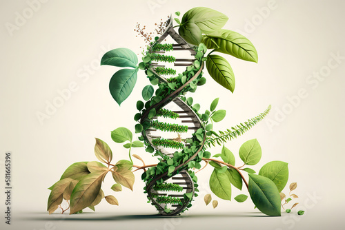 DNA, gene therapy. Biology laboratory nature and science, plant and environmental study, and plants with biochemistry structures on white backgrounds. Biotech. Generative AI