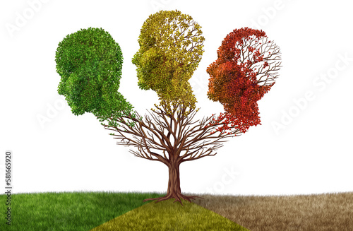 Fototapeta Naklejka Na Ścianę i Meble -  Brain atrophy and aging of the mind or memory loss due to Dementia and Alzheimer's disease or cognitive decline as fall trees in the shape of a human head