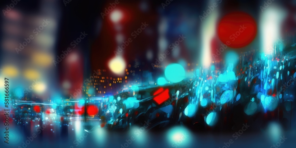 Abstract city lights bokeh motion blur streaks, long exposure bright colorful illuminated streets and glowing windows, background out of focus wide angle - generative AI.