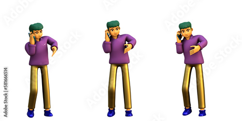 3D ILLUSTRATION RENDERING OBJECT ELEMENT FOR GRAPHICS PORTRAIT PERSONALITY GESTURE MODEL CARTOON CHARACTER MAN YOUNG MALE STANDING ON ISOLATED WHITE BACKGROUND MINIMAL HUMAN TALKING MOBILE SMART PHONE © Setthasith