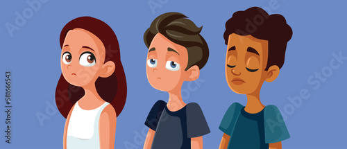Sad Group of Teens Feeling Anxious and Depressed Vector Illustration. Unhappy teenagers keeping silent not talking about depression
