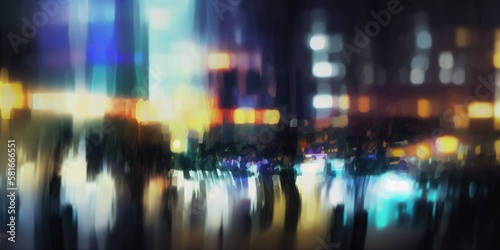 Abstract city lights bokeh motion blur streaks  long exposure bright colorful illuminated streets and glowing windows  background out of focus wide angle - generative AI.