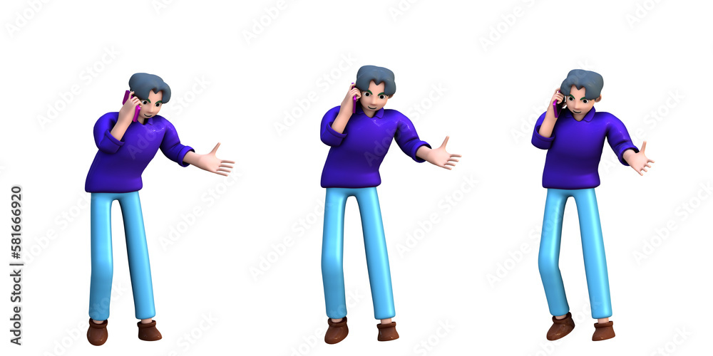 3D ILLUSTRATION RENDERING OBJECT ELEMENT FOR GRAPHICS PORTRAIT PERSONALITY GESTURE MODEL CARTOON CHARACTER MAN YOUNG MALE STANDING ON ISOLATED WHITE BACKGROUND MINIMAL HUMAN TALKING MOBILE SMART PHONE