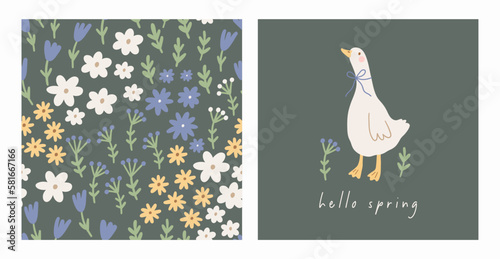 Cute goose on farm - vector seamless pattern. Vector illustration in flat style