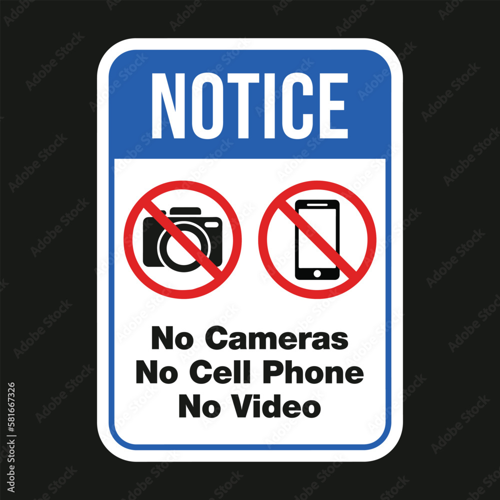 Notice No Phones, No Photography Video Camera Vector Sign. Isolated board sticker. Notice No Phones, No Photography Video Camera Vector Sign. Isolated board sticker.