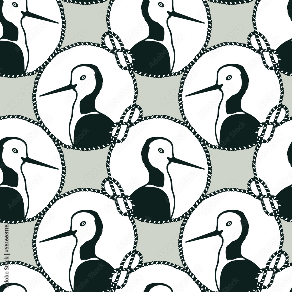 Fototapeta premium Vector seamless pattern with hand drawn elegant Pied stilt in nautical rope frame. Ink drawing, decorative graphic style. Beautiful design elements, perfect for prints and patterns