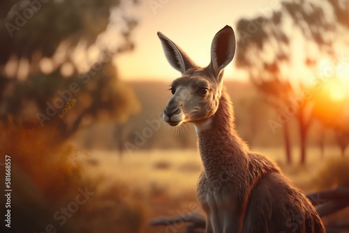 Kangaroo in the light of the sun in savanna. Generative AI.