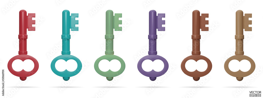 Key icon isolated on white background. Set of 3d colorful keys. Protection, security, real estate concept. Red, blue, green, purple, brown keys. 3D vector illustration. Key icon isolated on white background. Set of 3d colorful keys. Protection, security, real estate concept. Red, blue, green, purple, brown keys. 3D vector illustration.
