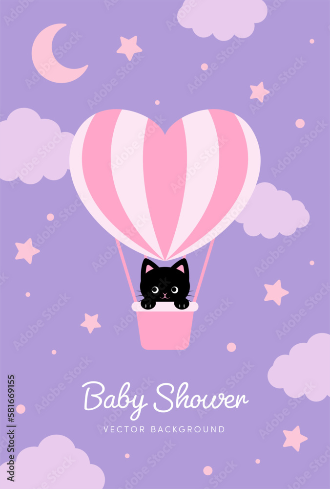 vector background with a black cat in a heart hot-air balloon in the sky for banners, cards, flyers, social media wallpapers, etc.