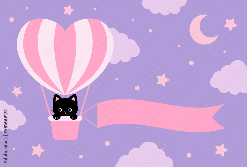 vector background with a black cat in a heart hot-air balloon in the sky for banners, cards, flyers, social media wallpapers, etc. vector background with a black cat in a heart hot-air balloon in the sky for banners, cards, flyers, social media wallpapers, etc.