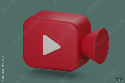 Red Video camera icon isolate on background. 3d Realistic movie icon, play button for the interface of applications and web pages. Video, streaming, multimedia concept. 3D vector illustration.