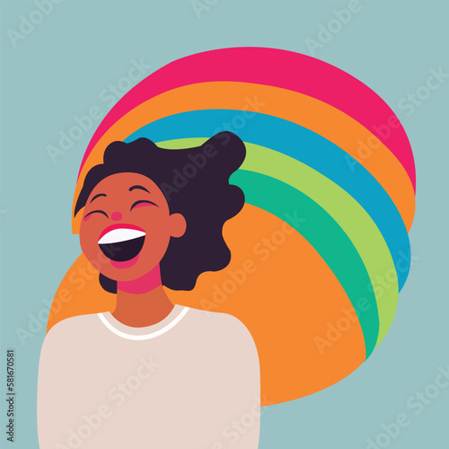 A cartoon of a woman with a rainbow behind her with words world laughter day