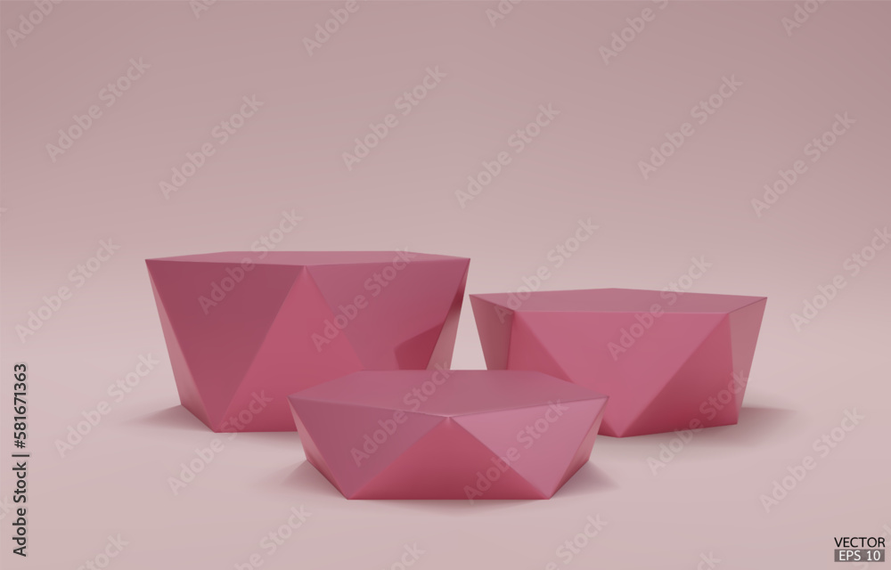 3D vector geometric step podium. 3 Rose gold hexagon cube, Pink square podium in pink background. Concept scene stage showcase, product, promotion sale, banner, cosmetic. 3D vector illustration. 3D vector geometric step podium. 3 Rose gold hexagon cube, Pink square podium in pink background. Concept scene stage showcase, product, promotion sale, banner, cosmetic. 3D vector illustration.