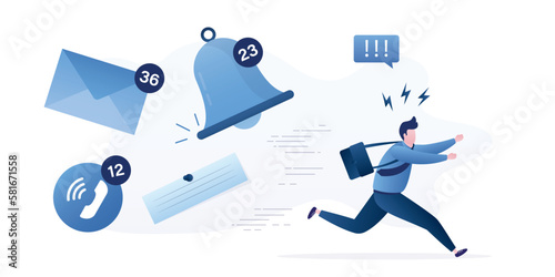 Businessman running away from notes, email and ringing bell notifications. Burnout office clerk, tired worker. Annoy notifications disturbing pop up, online message sound,