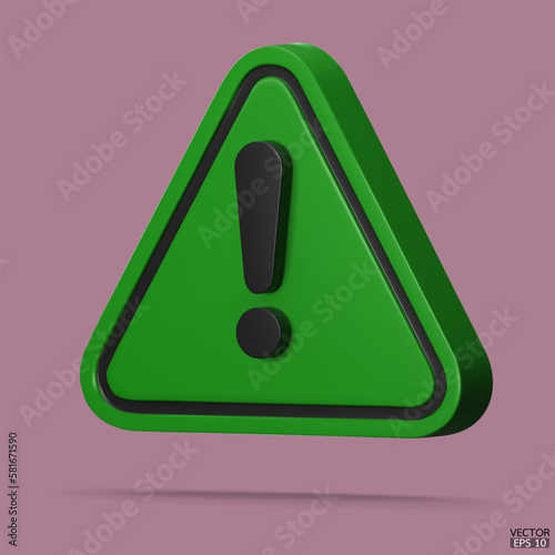 3d Realistic green triangle warning sign isolated on background. Hazard warning attention sign with exclamation mark symbol. Danger, Alert, Dangerous attention icon. 3D Vector illustration.