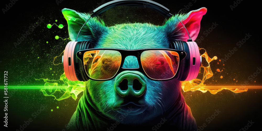Cool neon party dj pig in headphones and sunglasses, generative ai