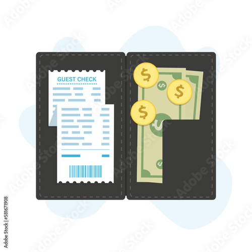 Leather folder with a receipt and payment. Wallet with guest check , banknotea and dollar coins. Top view. Paying a bill in a restaurant or cafe.