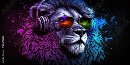 Cool neon party dj lion in headphones and sunglasses, generative ai