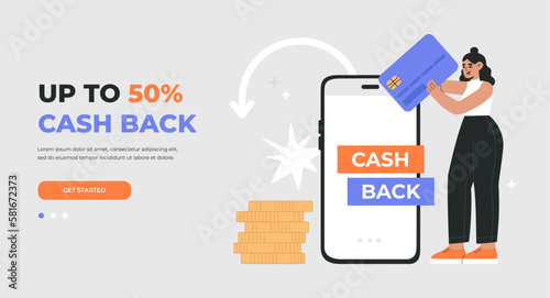 Landing page of cashback with gold coins, phone, girl with credit card, percentage sign. Online payment transaction, money saving. Vector illustration isolated on light background, flat cartoon style
