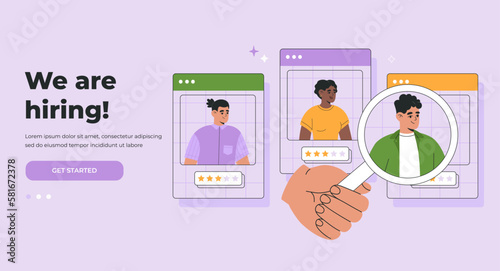 Hiring agency, headhunting concept. Selection of best candidate for Job. Landing page template. Hand drawn color vector illustration isolated on purple background, flat cartoon style.