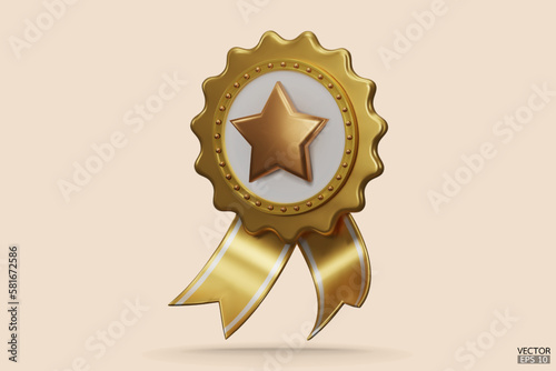 3D quality golden guarantees a medal with a star and ribbon. Gold badge warranty icon isolated on beige background. Realistic graphics Certificate Badge icon, Yellow award badge.3D vector illustration