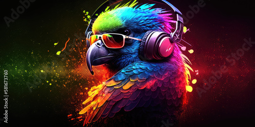 Cool neon party dj parrot in headphones and sunglasses, generative ai