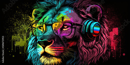 Cool neon party dj lion in headphones and sunglasses, generative ai