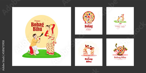 Vector illustration of Happy Bohag Bihu social media story feed set mockup template